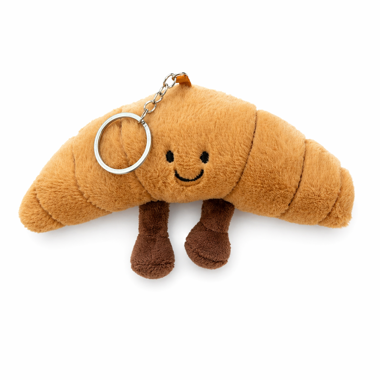 Croissant plush keychain with metal ring attachment and soft texture detail