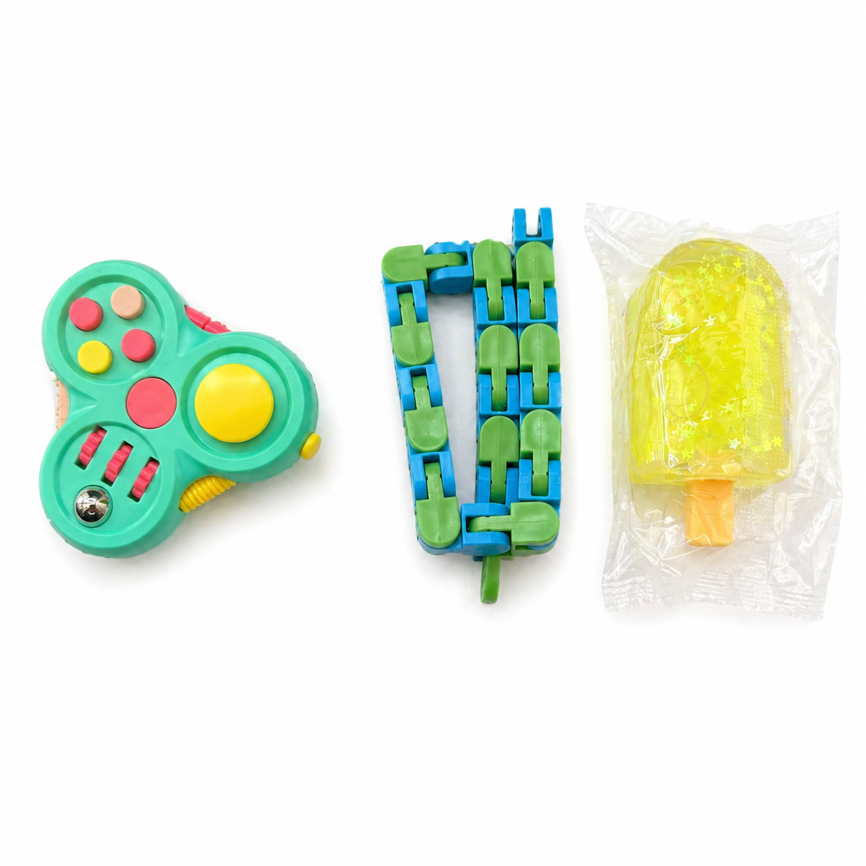 Green and yellow sensory play bundle with fidget toys, slime and tray for ADHD focus, sensory exploration and water play