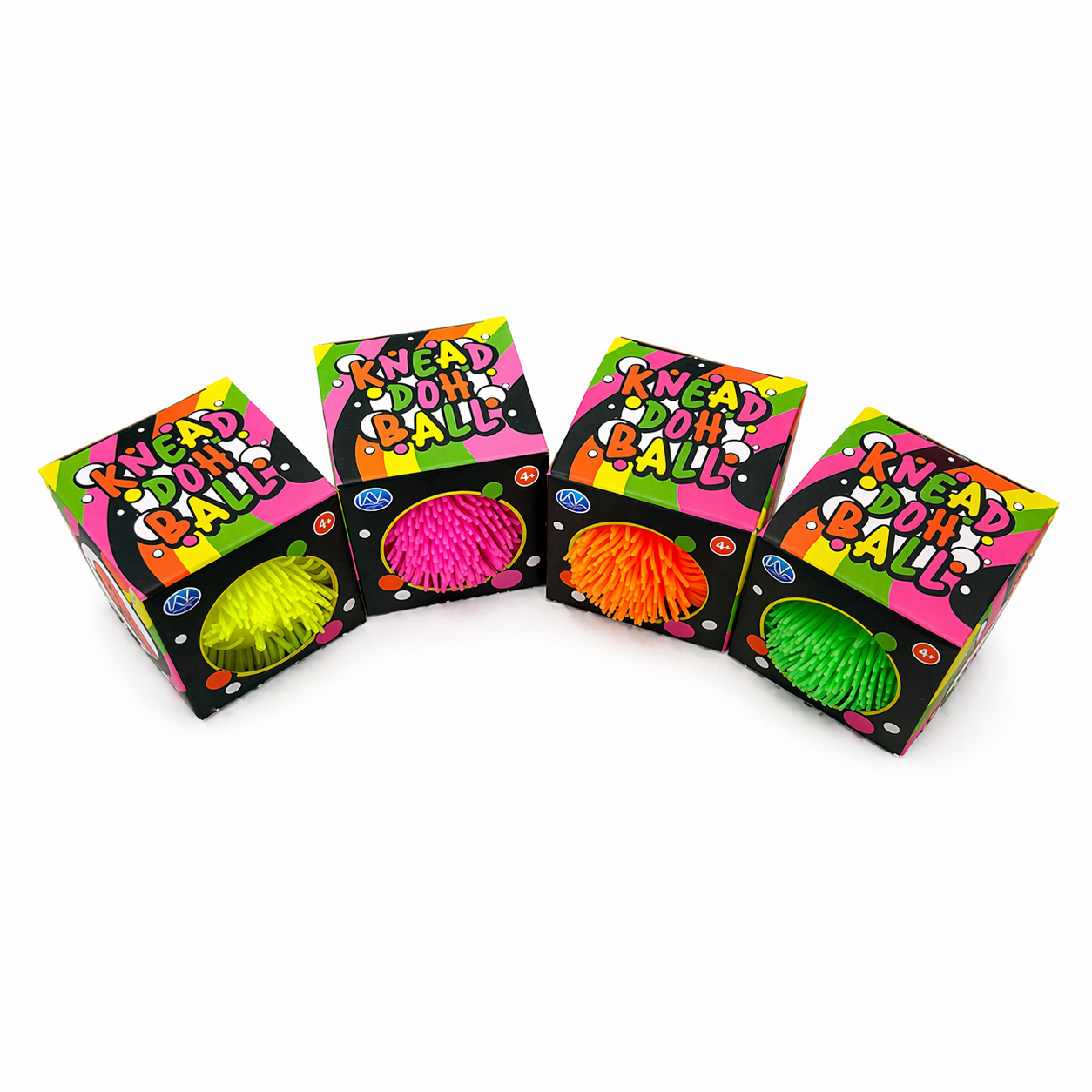 Knead Doh sensory balls in colourful packaging arranged in a row, tactile squishy fidget toys in yellow, pink, orange and green