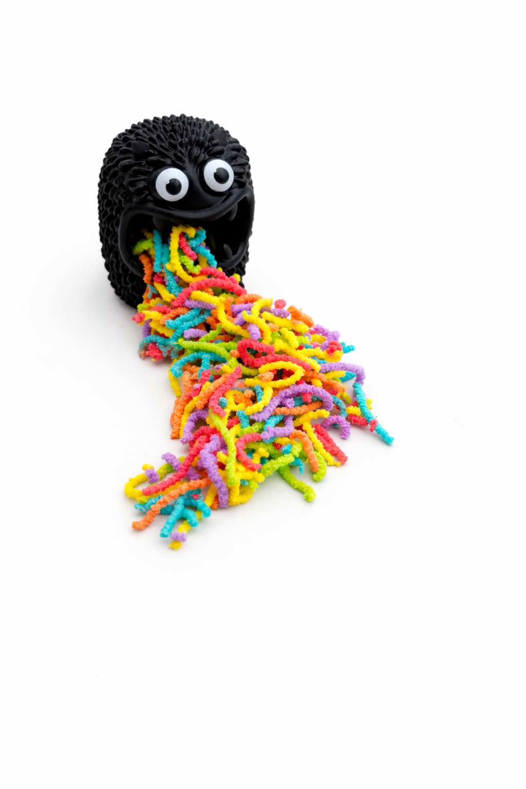 Black monster squishy toy with soft textured surface and colourful wacky worms for calming fidget play