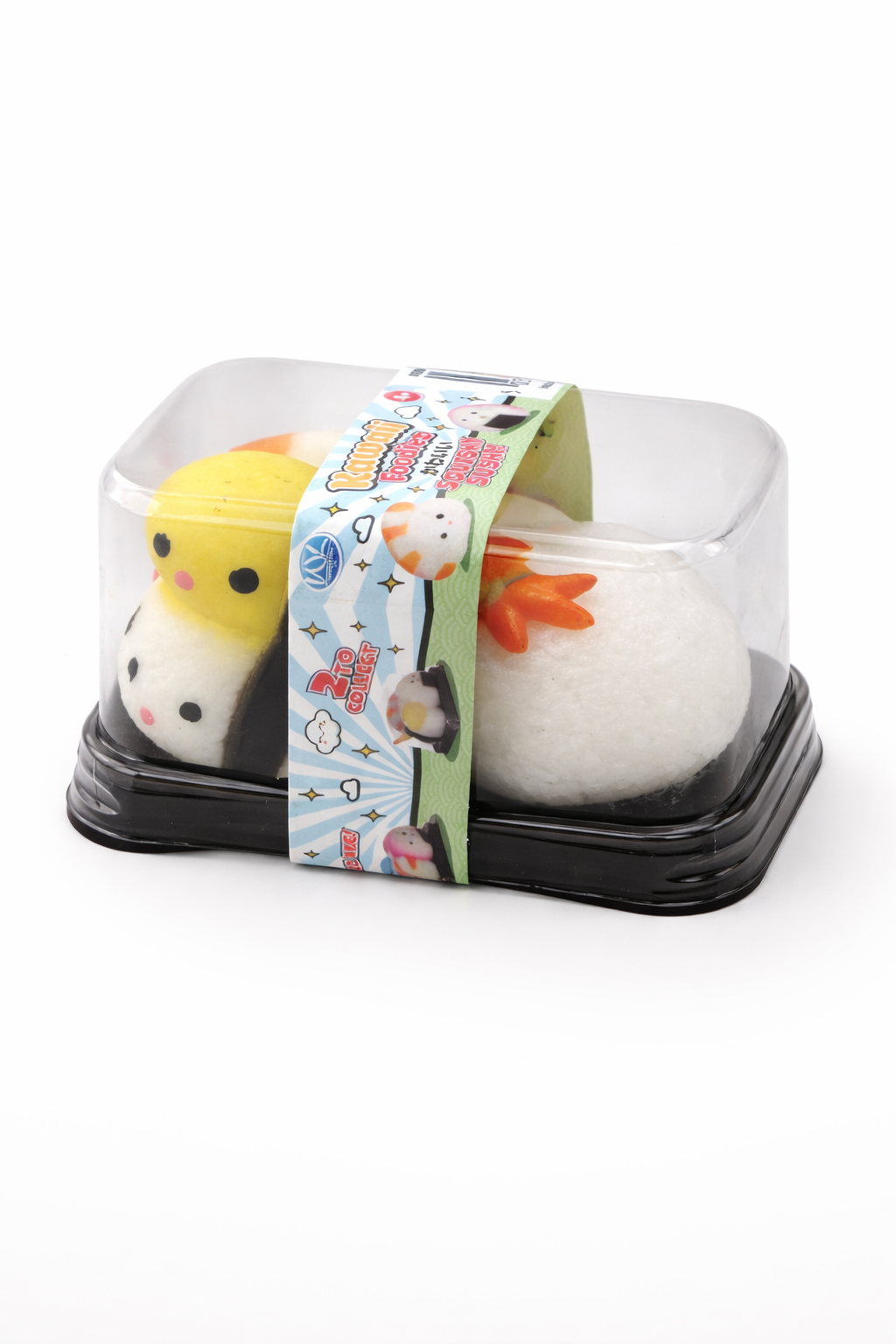 Squishy sushi sensory toy set in clear plastic box with three soft characters