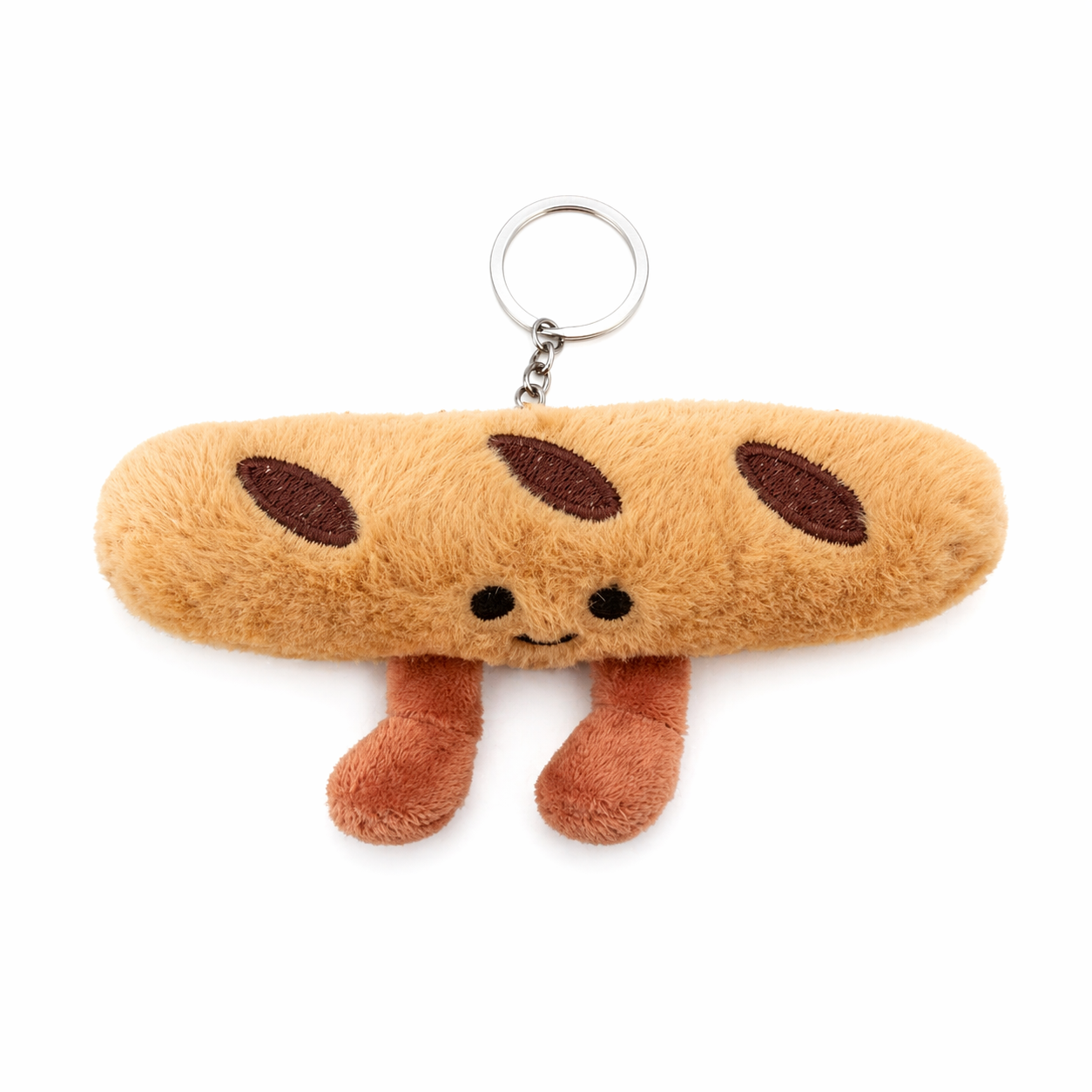 Plush baguette keyring with smiling face and soft fabric texture on white background