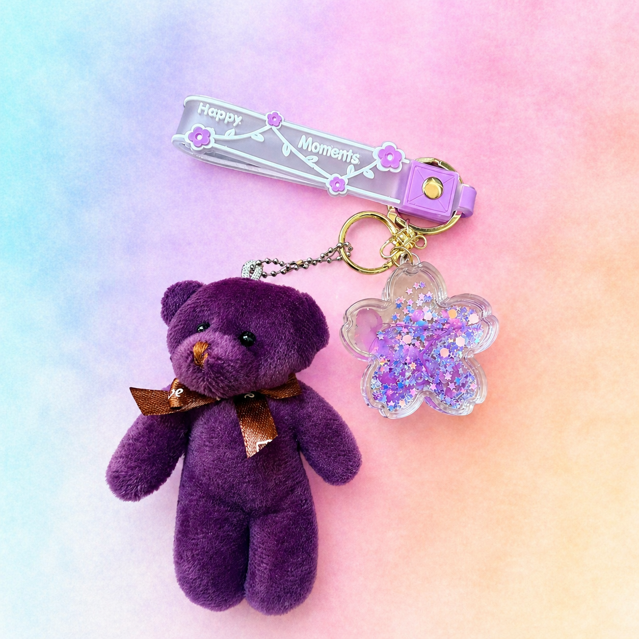 Cute teddy bear keyring with sensory charm for ADHD and autism, calming fidget toy with glitter liquid design