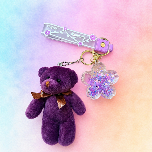 Cute teddy bear keyring with sensory charm for ADHD and autism, calming fidget toy with glitter liquid design