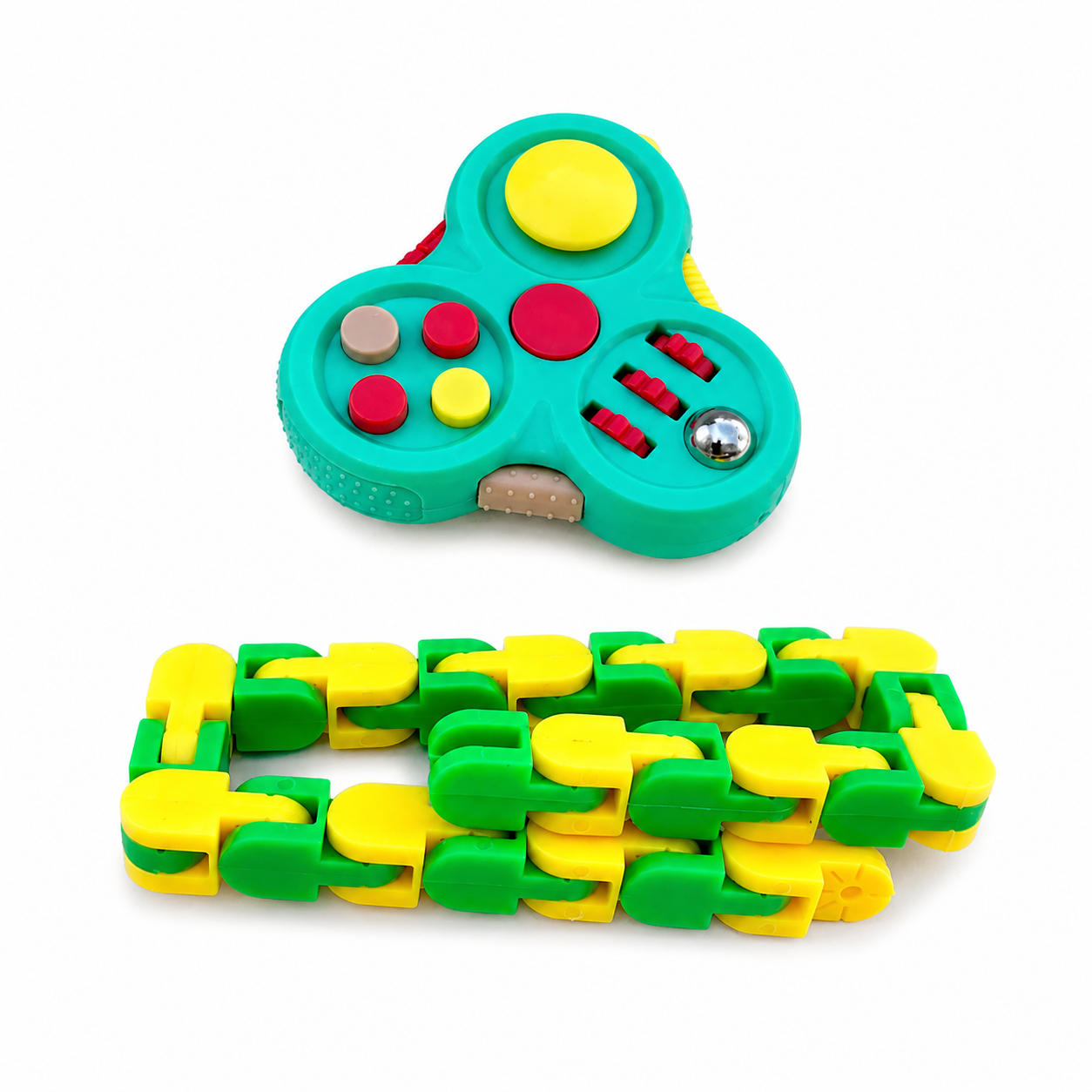 Clicker spinner and snake fidget toy bundle in green and yellow on white background showing multi-function sensory buttons and flexible chain design