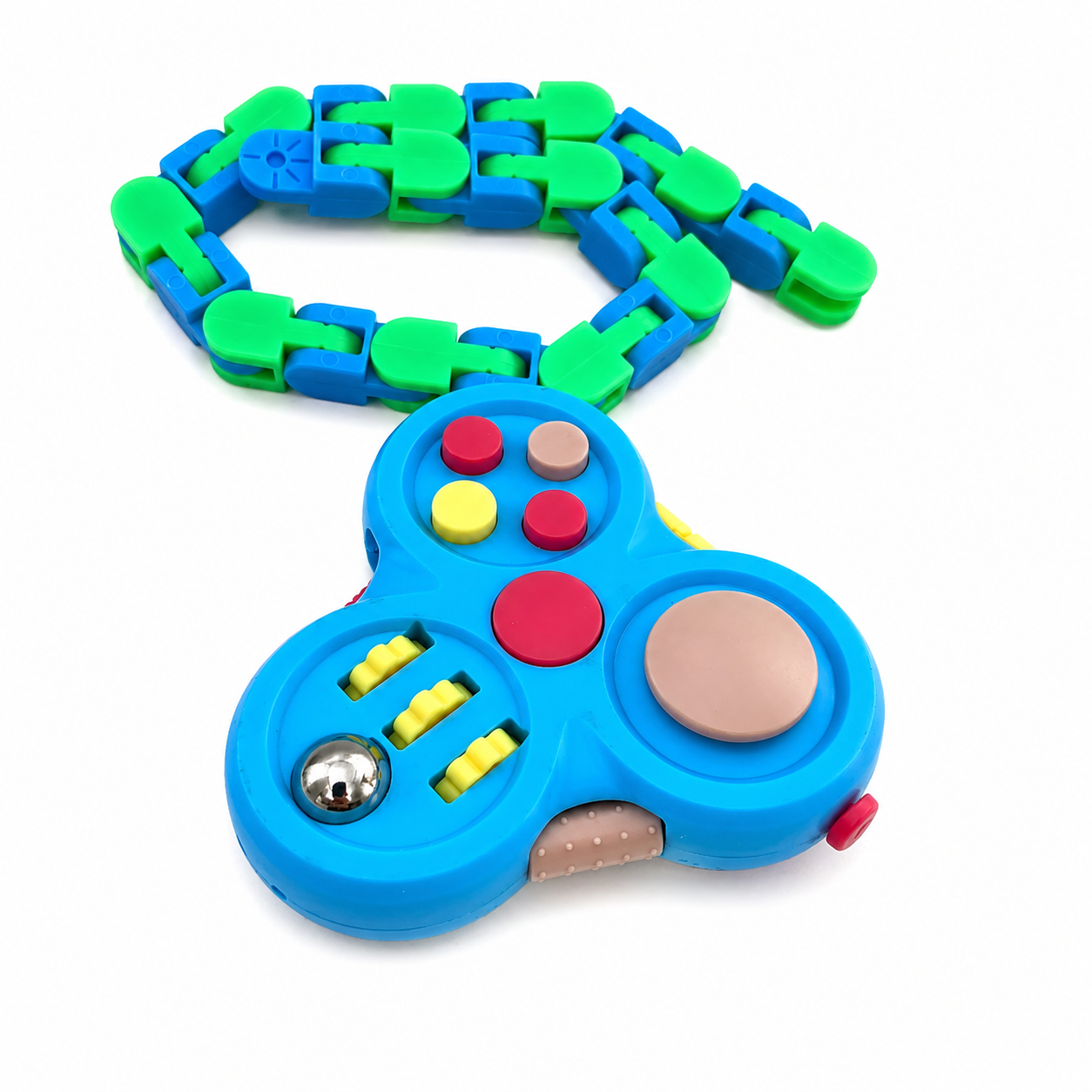 Blue clicker spinner with green and blue snake fidget toy bundle showing buttons, rollers and flexible chain design on white background