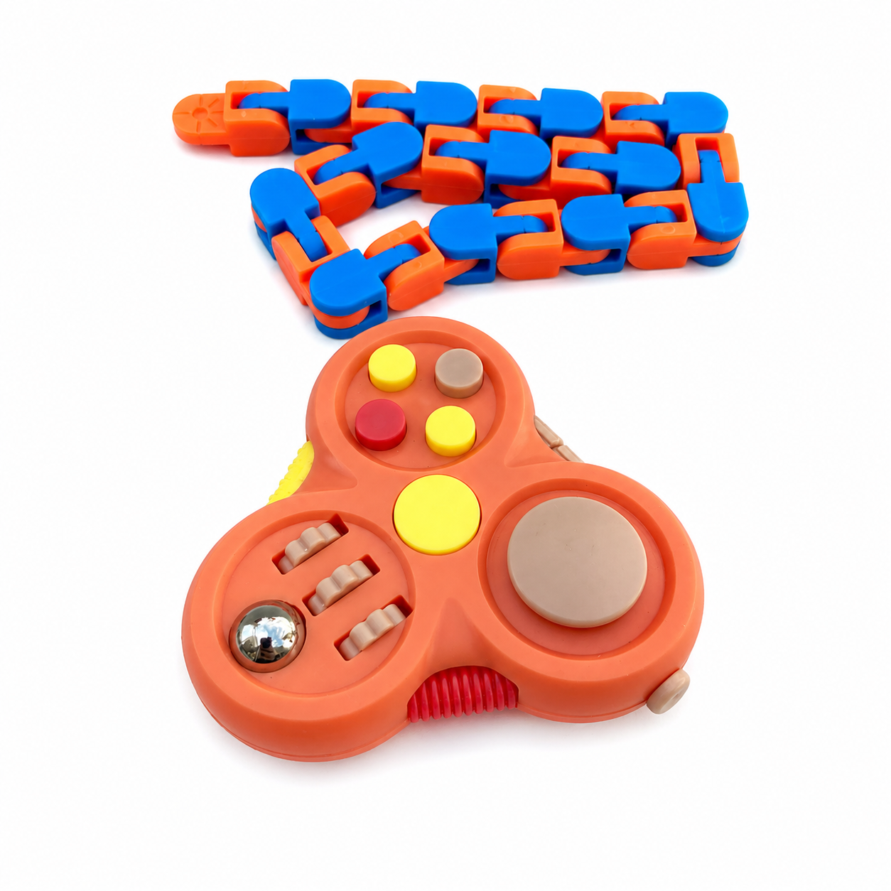 Orange clicker spinner with blue and orange snake fidget toy bundle showing tactile buttons, spinning features and flexible chain design