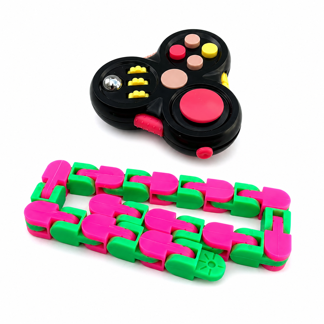 Black clicker spinner with pink and green snake fidget toy bundle showing sensory buttons, rolling elements and flexible chain design
