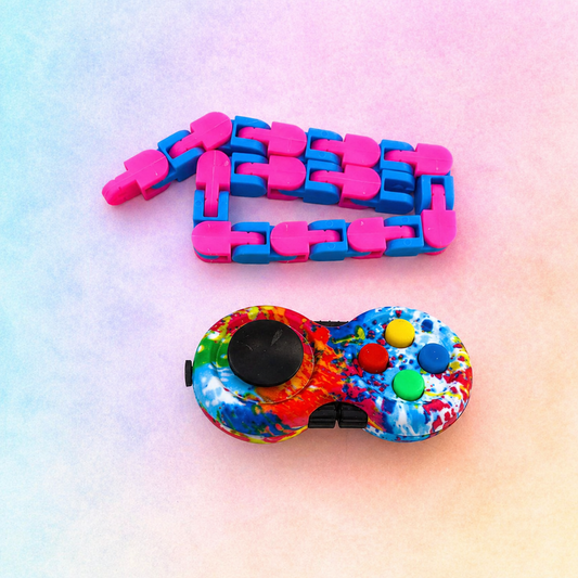 Clicker and snake fidget toy bundle on pastel background showing colourful controller and flexible chain design