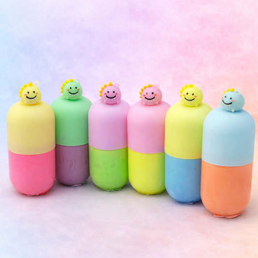 Dinosaur crystal mud slime in colourful containers with cute dinosaur lids for sensory play and fidgeting