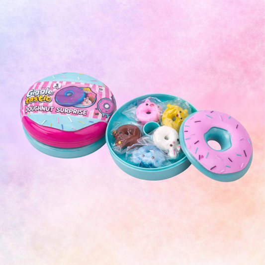 Doughnut Surprise Squishy Set sensory toy gift set with mini squishies pastel background