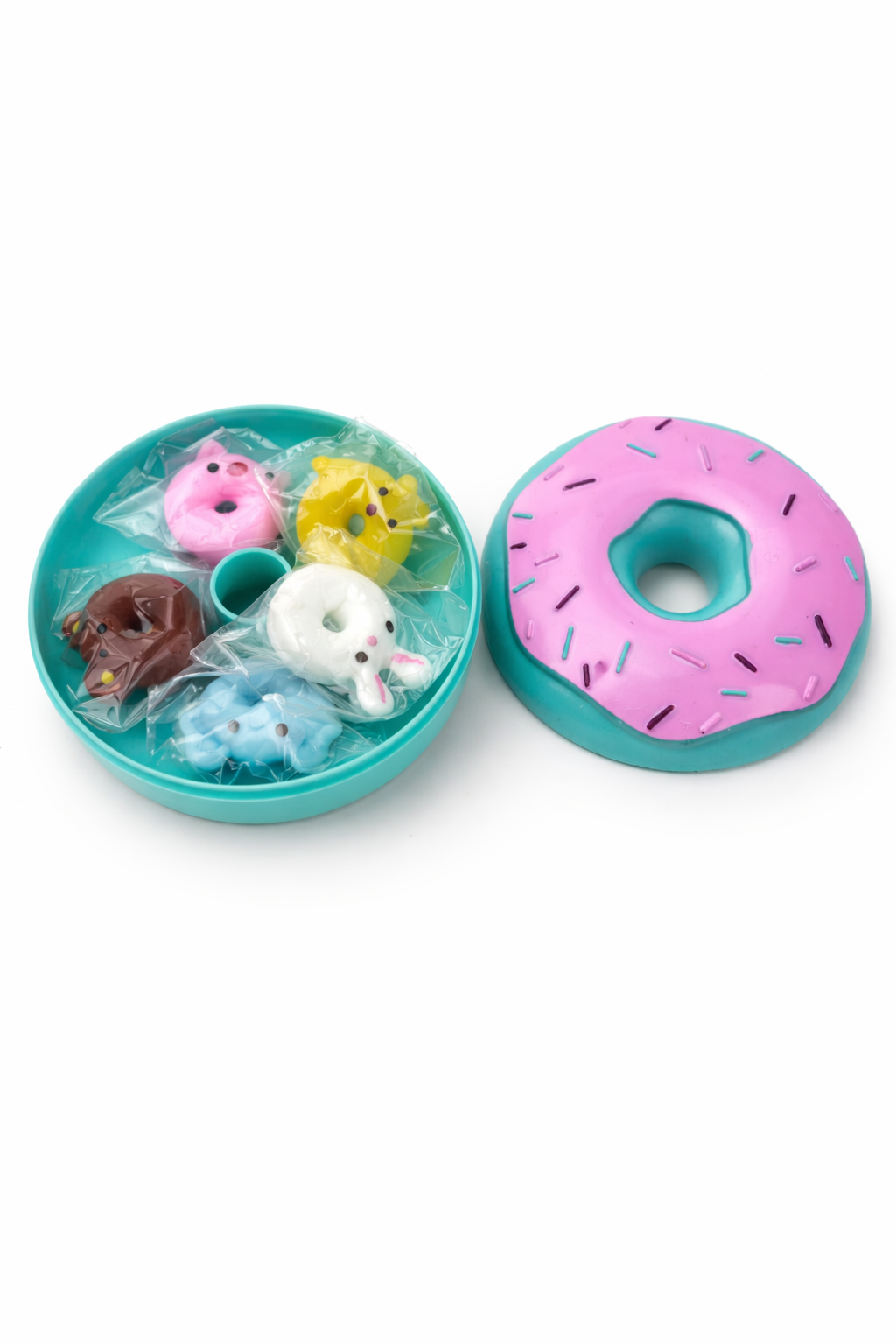 Doughnut Surprise Squishy Set open with mini squishy toys inside sensory fidget set