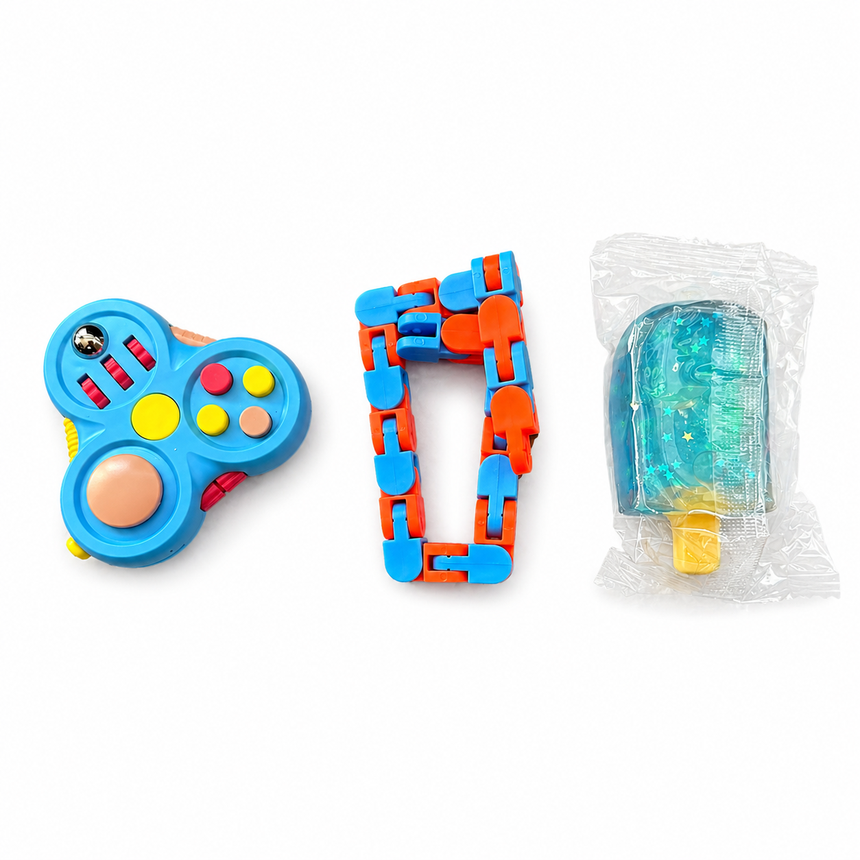 Blue sensory toy bundle with fidget clicker, snake fidget and slime, designed for ADHD focus and autism sensory play
