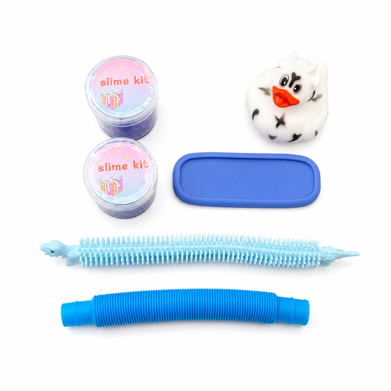 Blue sensory toy bundle with fidget clicker, snake fidget and slime, designed for ADHD focus and autism sensory play
