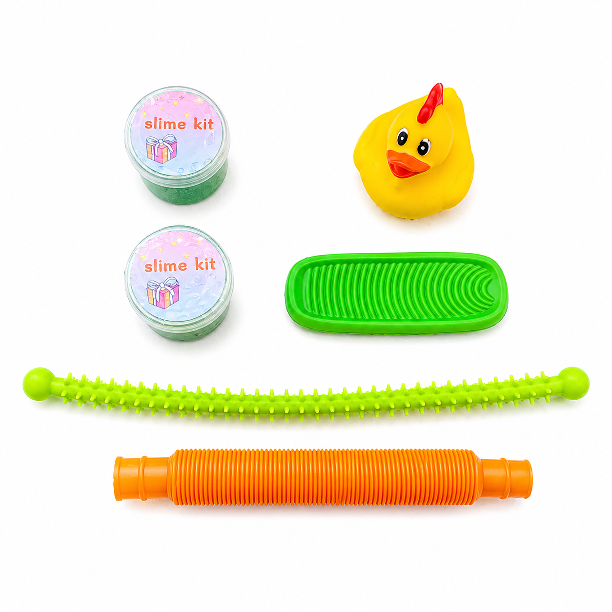 Green and yellow sensory play bundle with fidget toys, slime and tray for ADHD focus, sensory exploration and water play