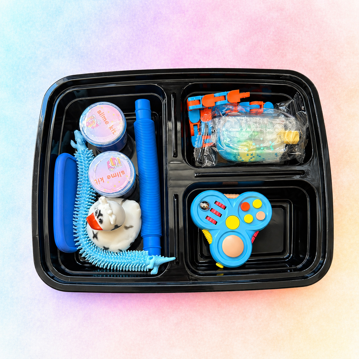 Sensory fidget toy messy play bundle with tray for autism and ADHD, including slime, clicker fidget and tactile toys for calming play