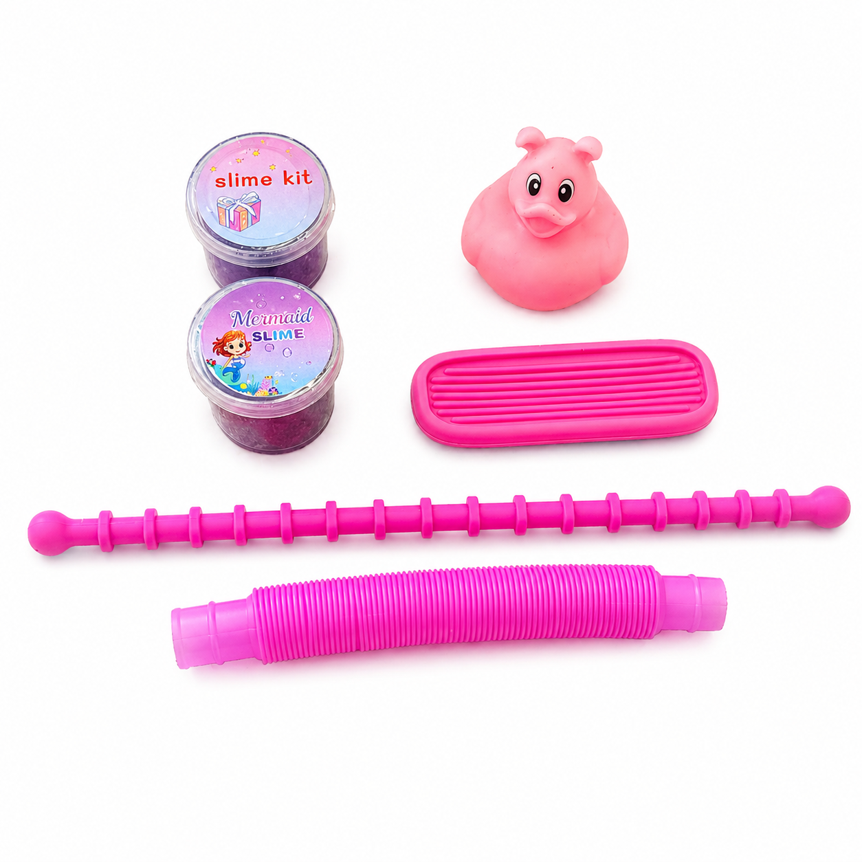Pink sensory fidget toy messy play kit with slime, textured tools and tray, ideal for calming activities and sensory regulation