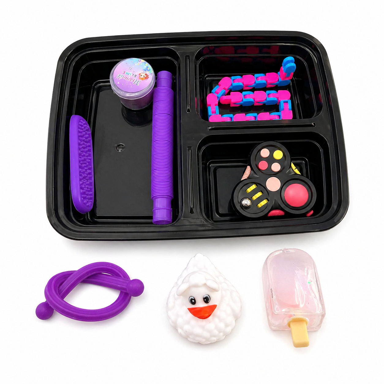 Purple sensory toy bundle with tactile fidgets, slime and tray for autism support, classroom use and messy play