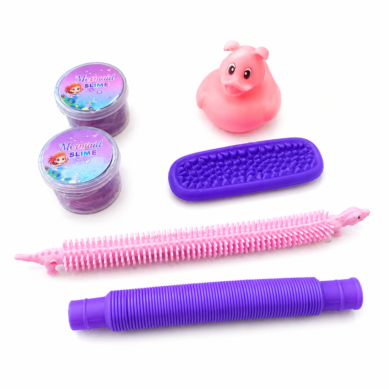 Purple sensory toy bundle with tactile fidgets, slime and tray for autism support, classroom use and messy play