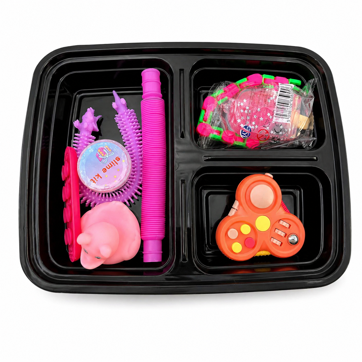 Pink sensory fidget toy messy play kit with slime, textured tools and tray, ideal for calming activities and sensory regulation