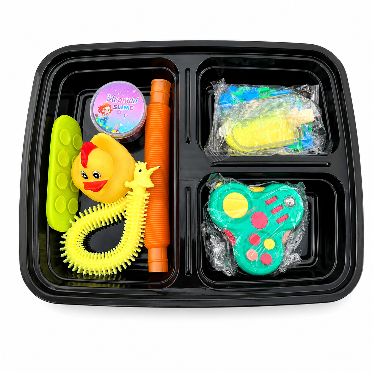 Green and yellow sensory play bundle with fidget toys, slime and tray for ADHD focus, sensory exploration and water play