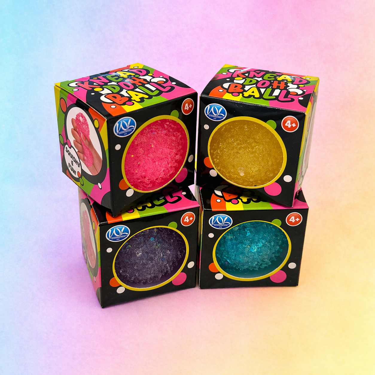 Knead Doh glitter sensory balls in box packaging on pastel gradient background, bright squishy sparkle fidget toys
