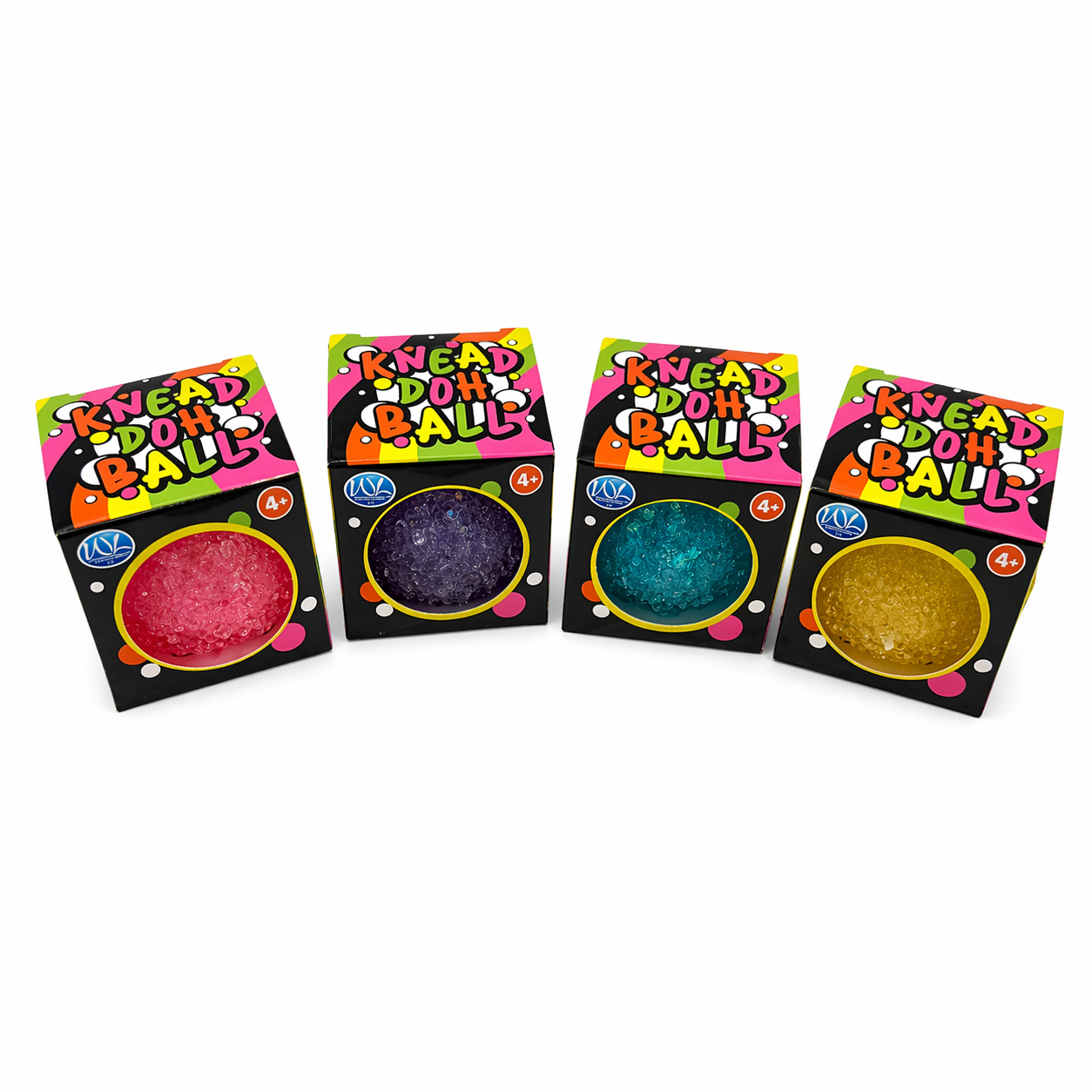 Knead Doh glitter sensory balls in colourful packaging arranged in a row, tactile squishy fidget toys with sparkling centres