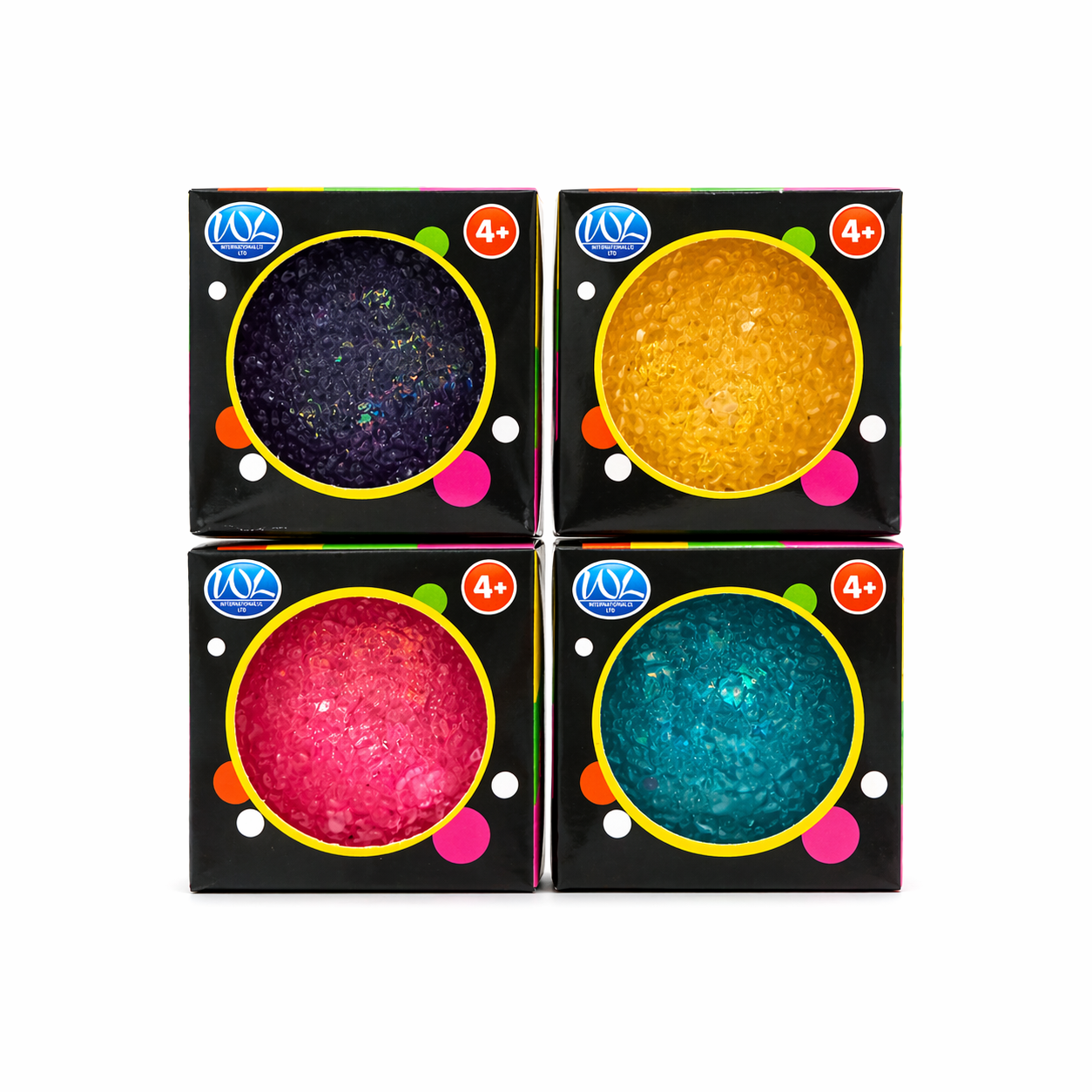 Knead Doh glitter sensory balls in pink, yellow, purple and blue displayed in box packaging, squishy sparkle fidget toys