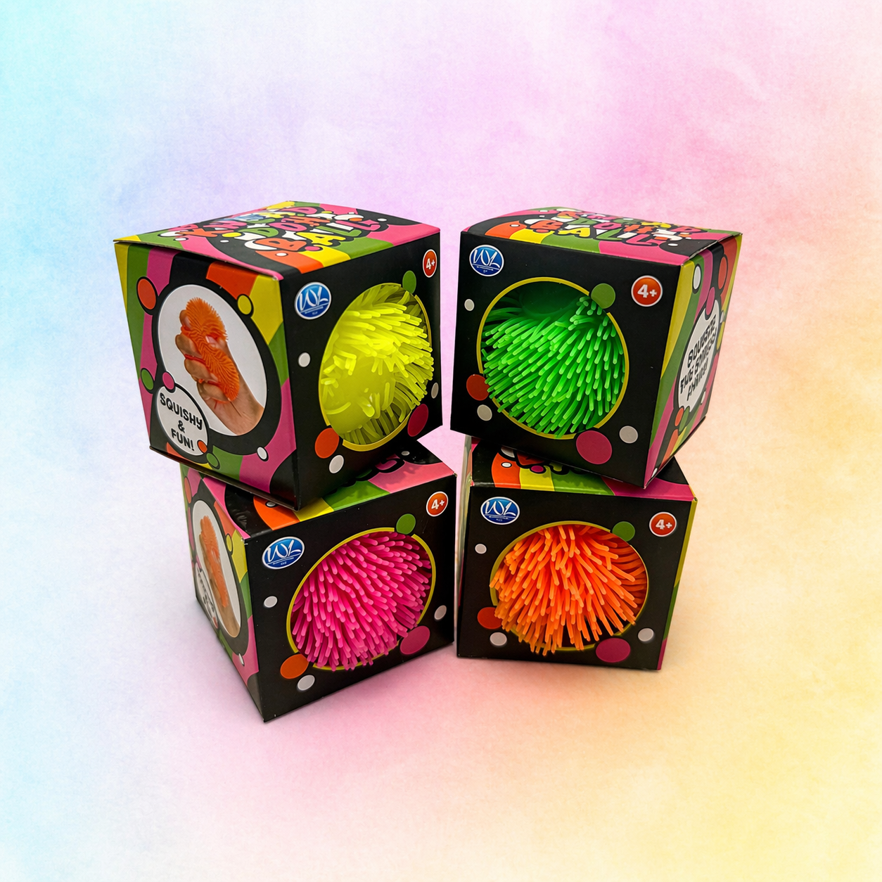 Knead Doh sensory balls in yellow, pink, orange and green displayed in box packaging, squishy tactile fidget toys for stress relief