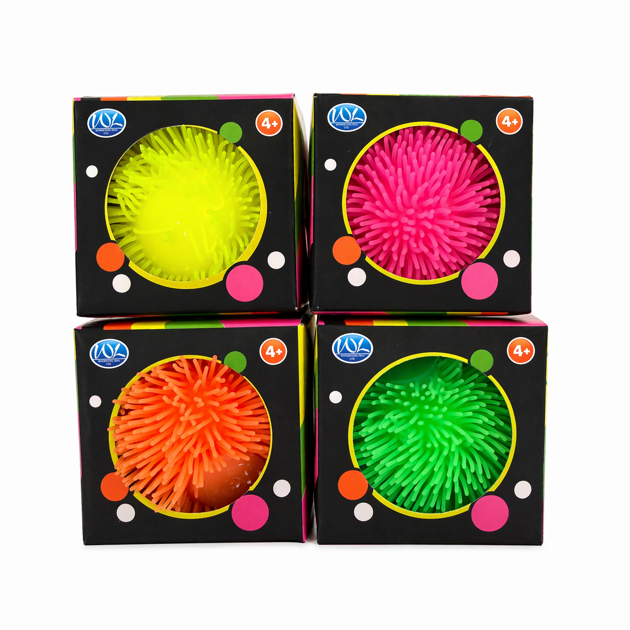 Knead Doh sensory balls in boxed packaging stacked on a pastel gradient background, bright squishy tactile fidget toys for sensory play