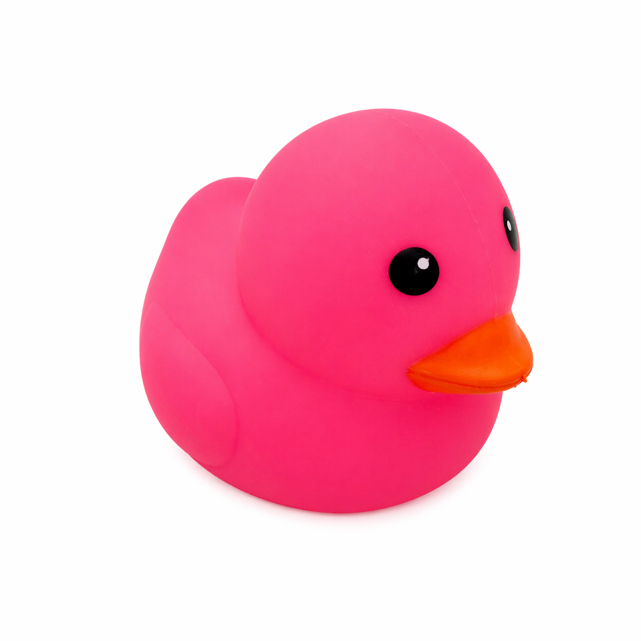 Large pink squishy duck toy on white background showing soft smooth texture and bright colour