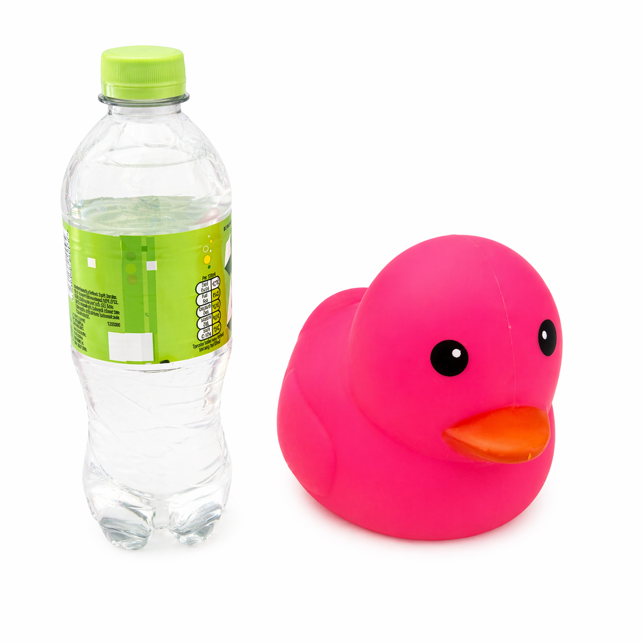 Large pink squishy duck next to water bottle for size comparison
