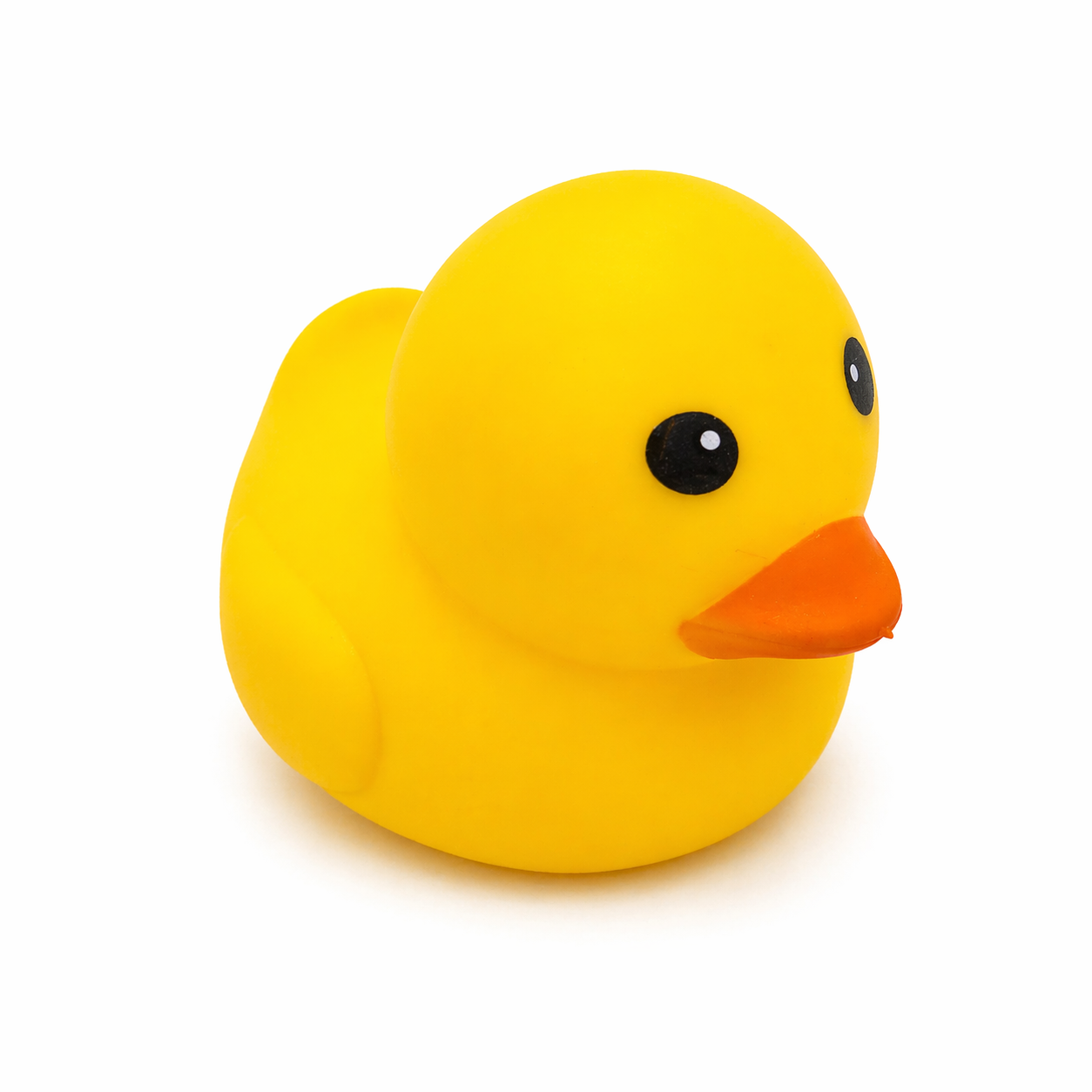 Large yellow squishy duck toy on white background with smooth soft finish