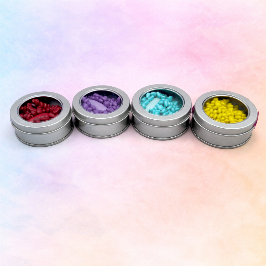 Magnetic slime sensory toy in red, purple, turquoise and yellow tins for ADHD and anxiety relief