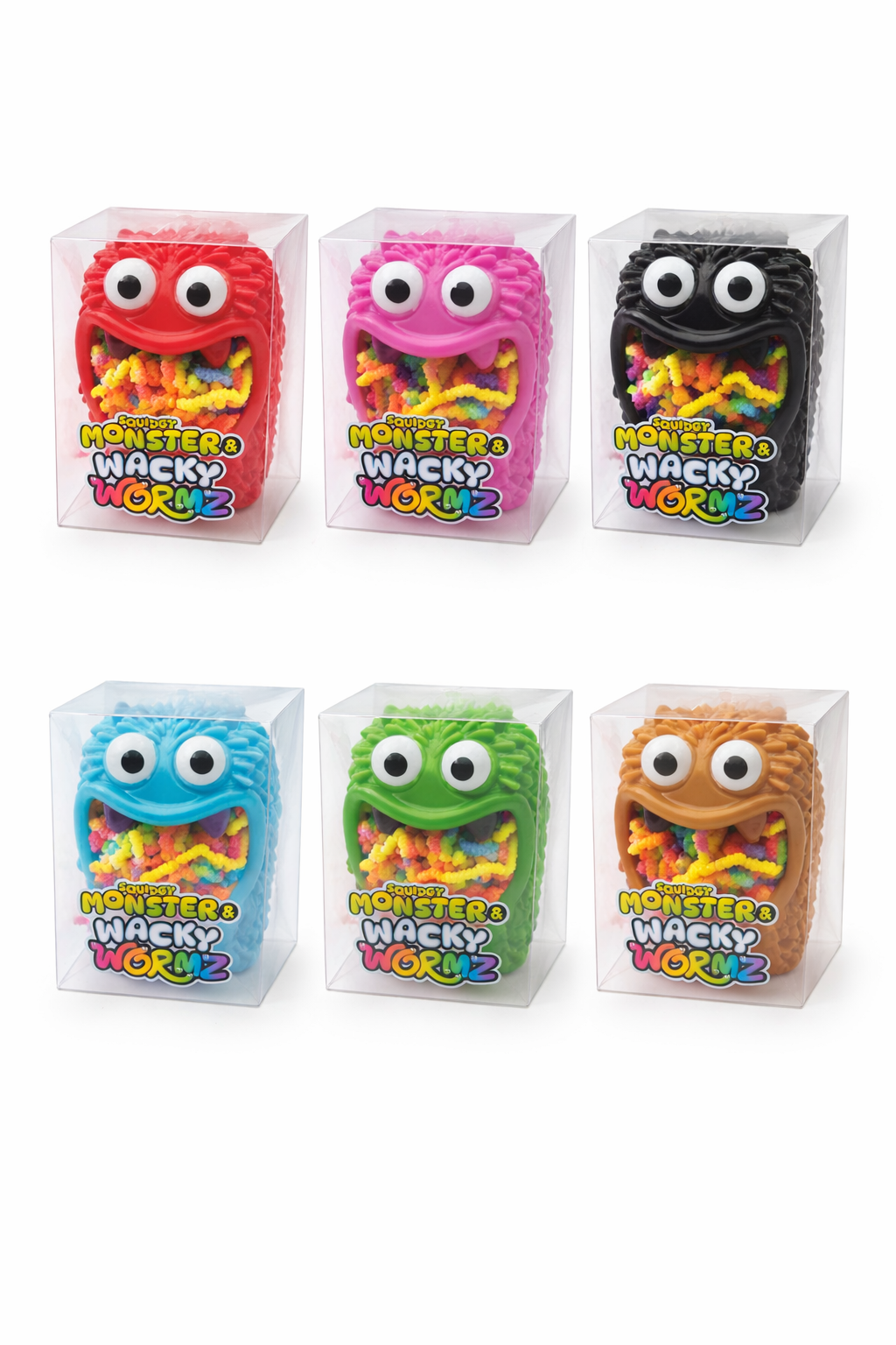 Squidgy Monster and Wacky Wormz sensory toys in assorted colours displayed in clear packaging boxes