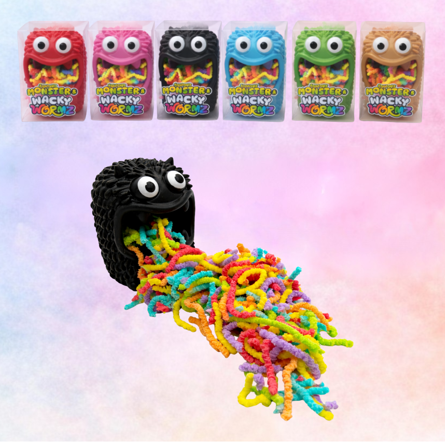 Squidgy Monster and Wacky Wormz sensory toy in multiple colours with stretchy fidget worms spilling out on a pastel background