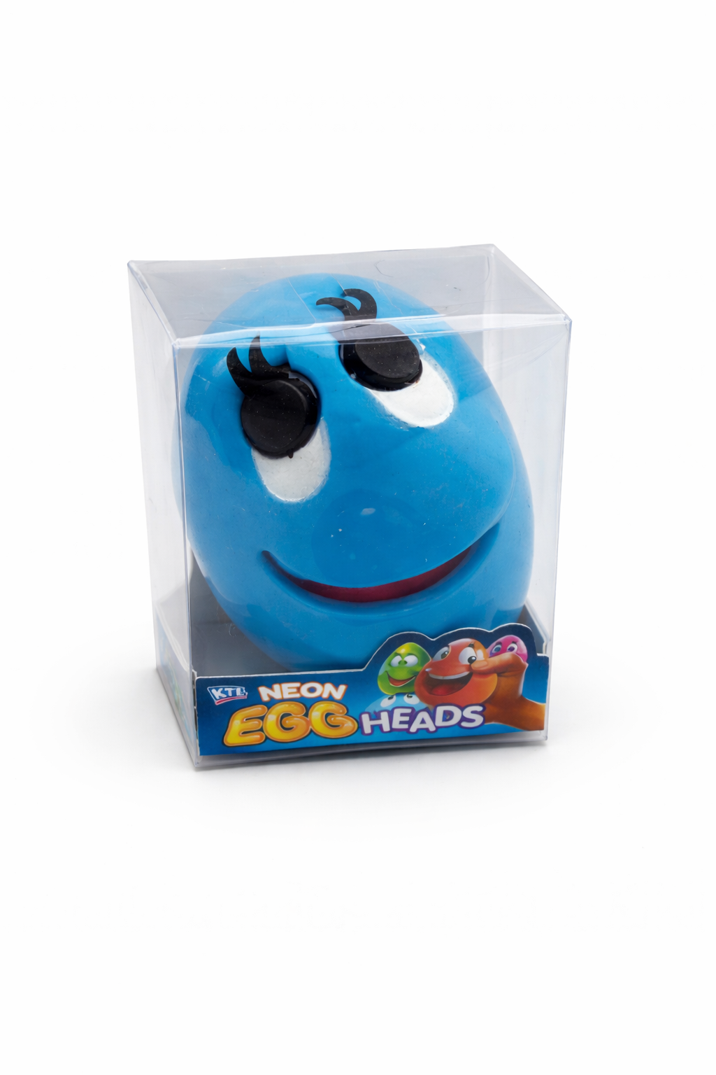 Blue Neon Egg Heads squishy fidget toy in packaging with popping tongue sensory design