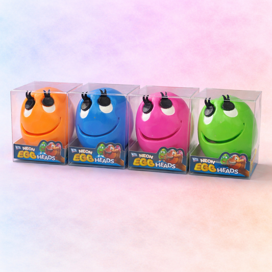 Neon Egg Heads squishy fidget toys in multiple colours including blue pink orange and green