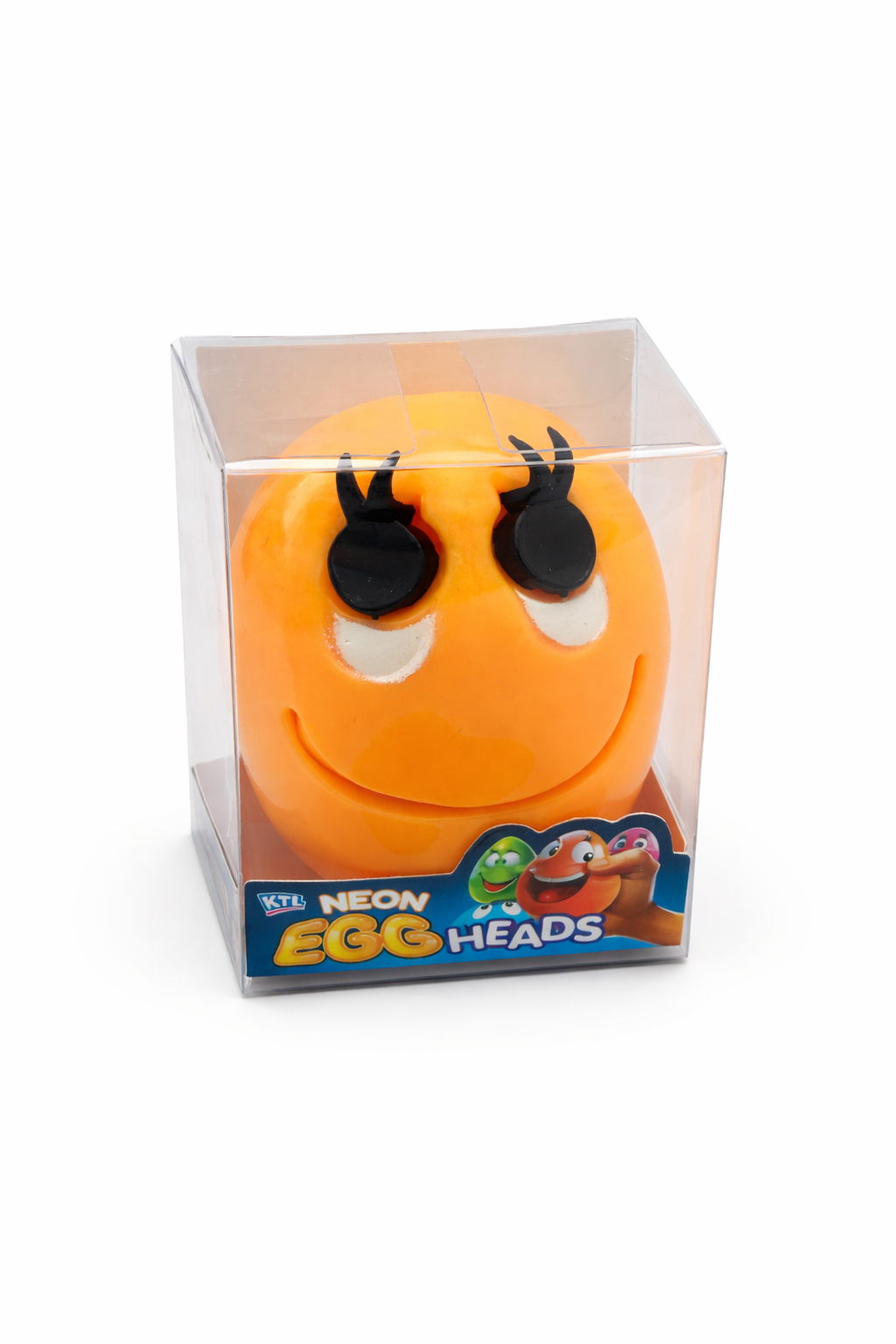 Orange Neon Egg Heads squishy fidget toy with funny face and popping tongue feature