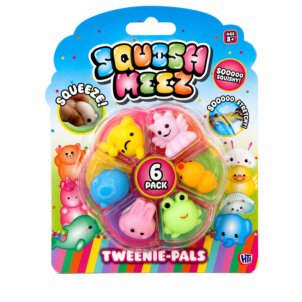 Squish Meez 6 pack squishy toys in colourful packaging showing mini animal characters