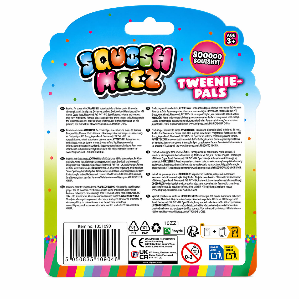 Back of Squish Meez packaging with product information, safety details and barcode