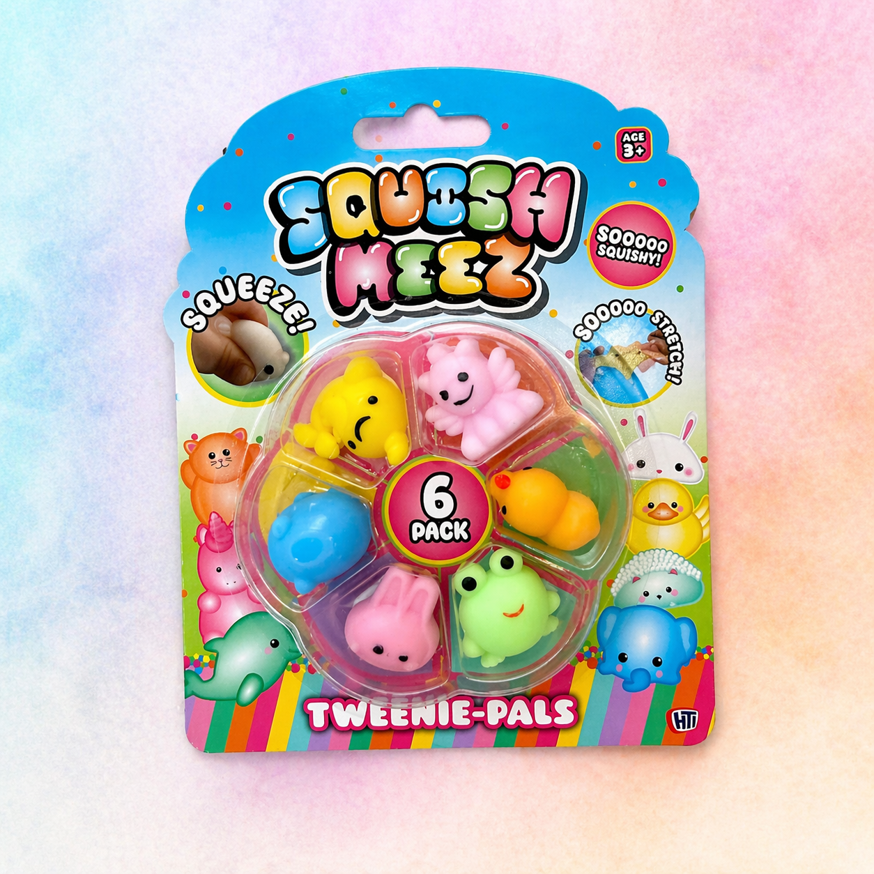 Squish Meez 6 pack mini squishy toys in colourful packaging, featuring assorted animal characters for sensory play and fidgeting