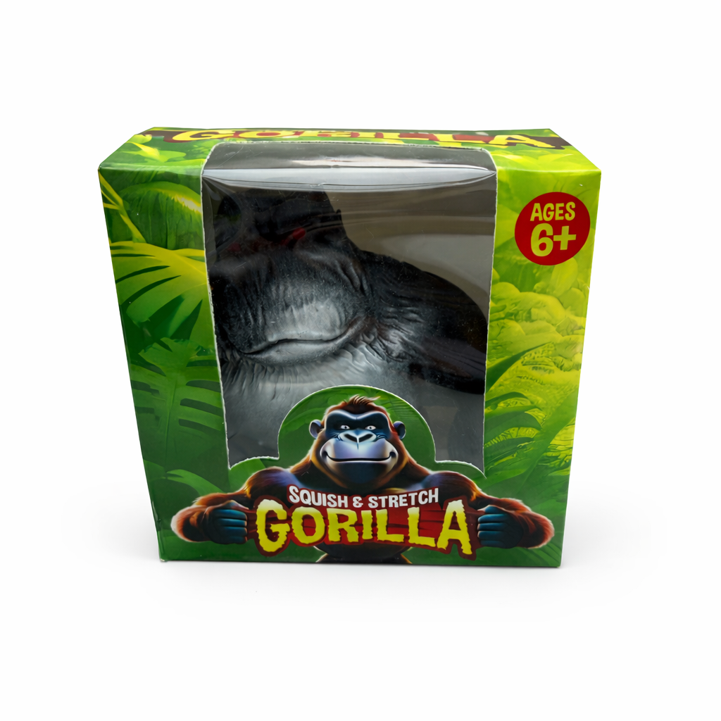 Black squish and stretch gorilla sensory fidget toy in packaging, stretchy tactile toy for stress relief