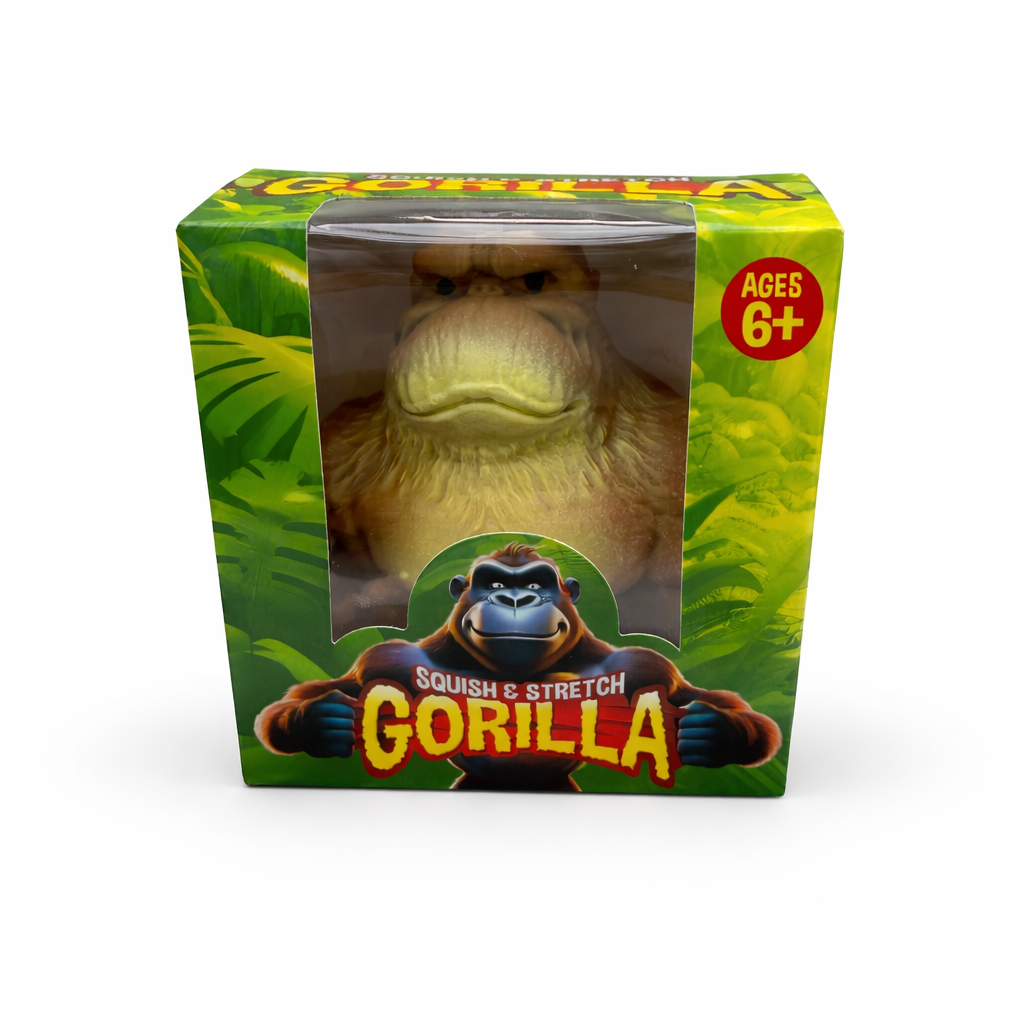 Brown squish and stretch gorilla sensory toy in packaging, stretchy fidget toy for sensory play and stress relief
