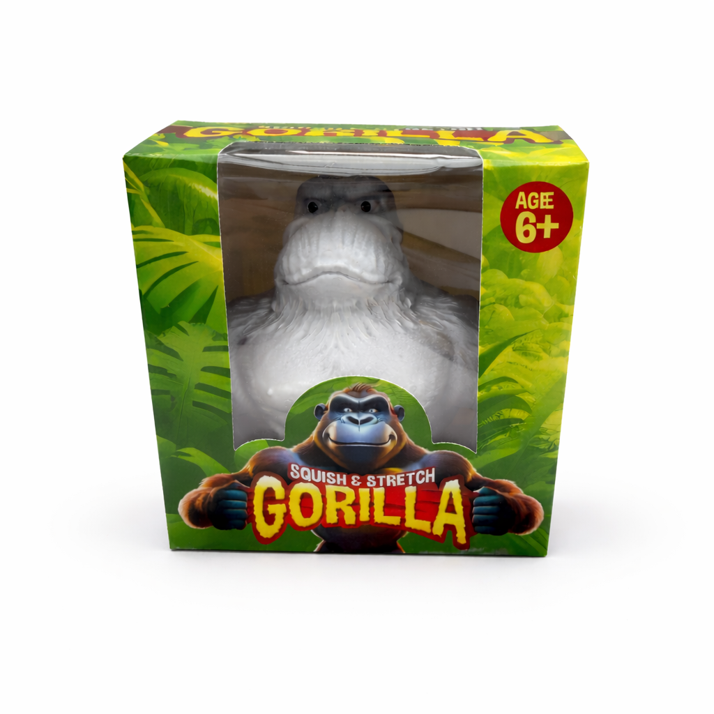 Grey squish and stretch gorilla sensory fidget toy in packaging, stretchy toy for calming and fidgeting