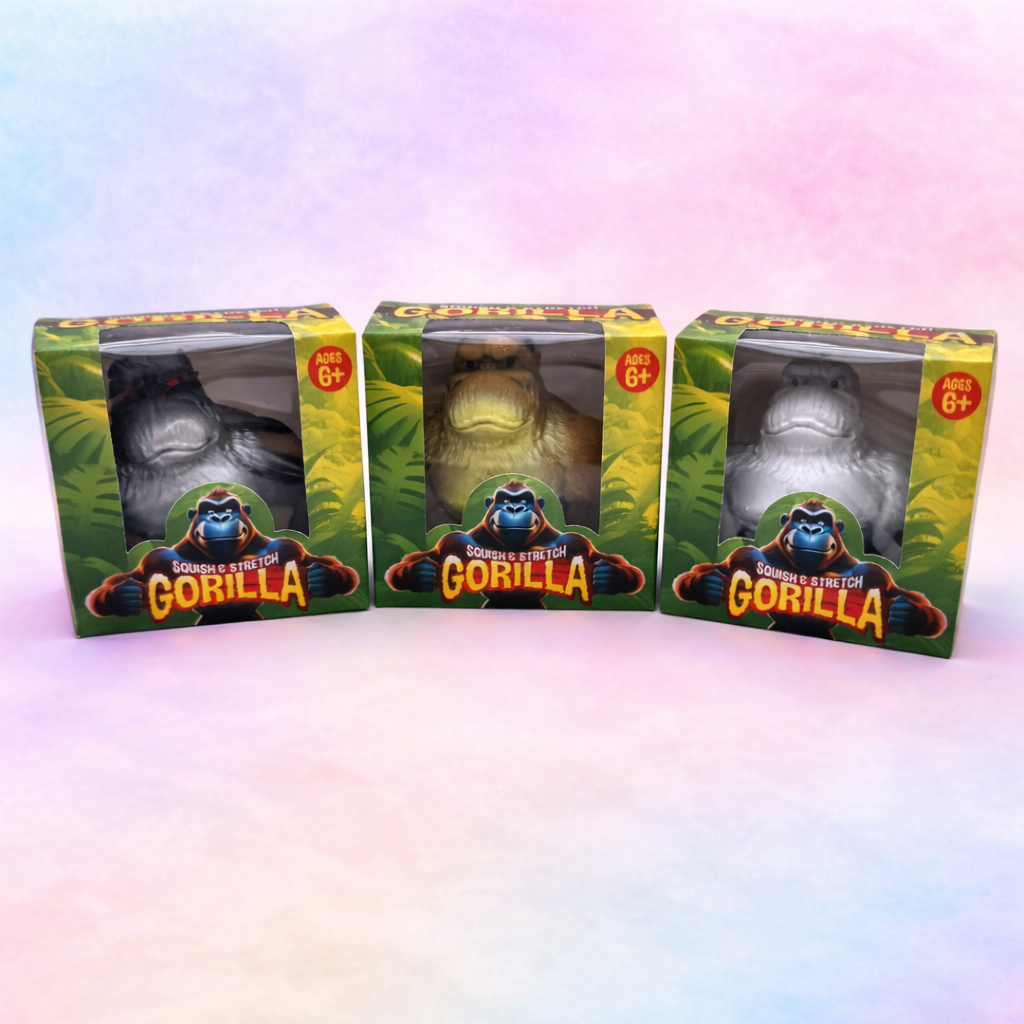 Squish and stretch gorilla sensory fidget toys in black, brown and grey, boxed stretchy tactile toys