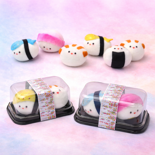 Squishy sushi slow rising sensory toy set with cute characters on pastel background