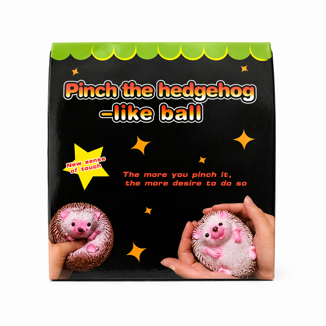 Squishy hedgehog toy packaging showing “pinch the hedgehog-like ball” instructions and sensory play features