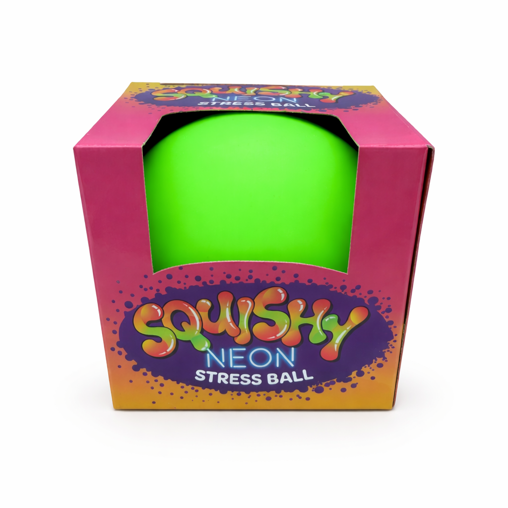 Neon green super squishy stress ball in packaging, large 90mm sensory fidget toy for stress relief
