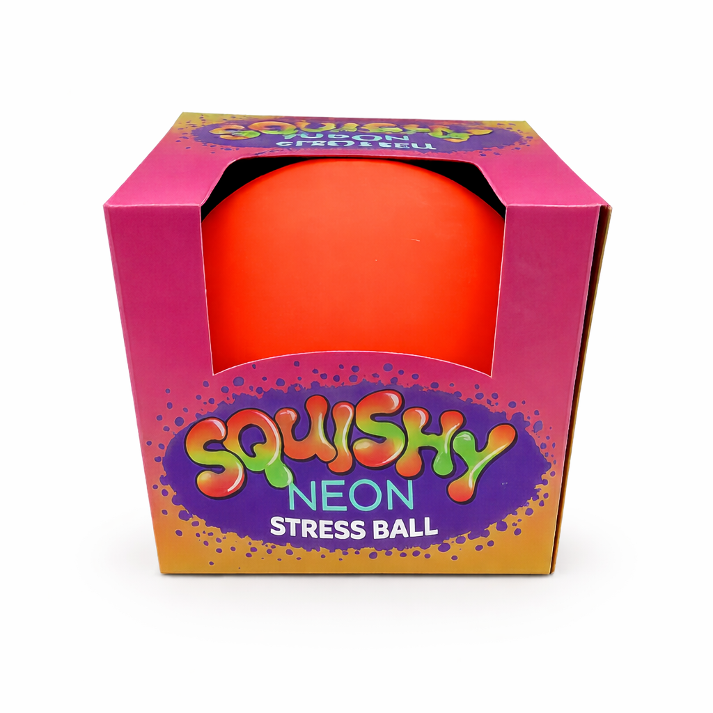 Neon orange super squishy stress ball in packaging, soft sensory toy for squeezing and calming
